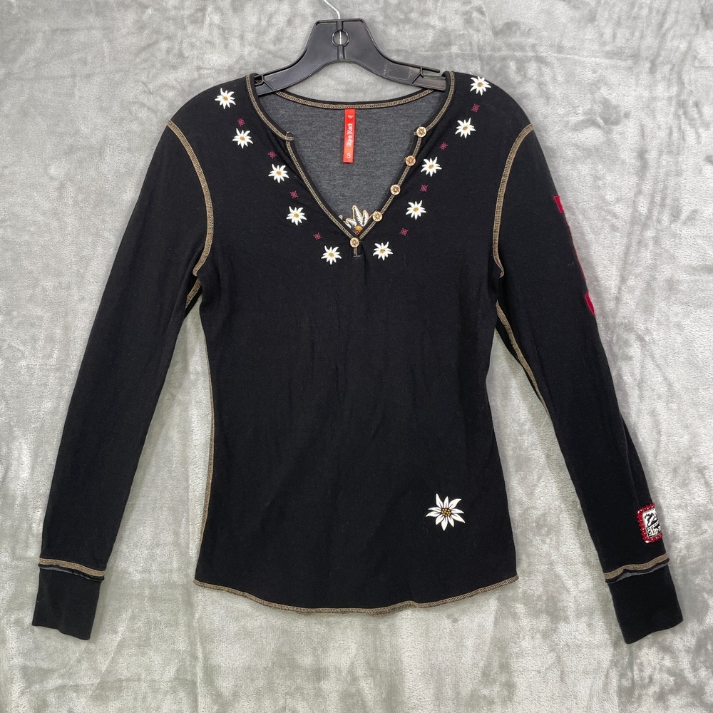 Alp N Rock Women's Small  Embroidered Henley Black  Long Sleeve Alpinist Patch